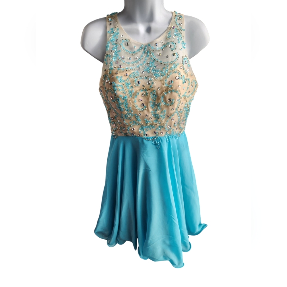 DylanQueen Blue Beige Sequined Short Formal Dress Size S?